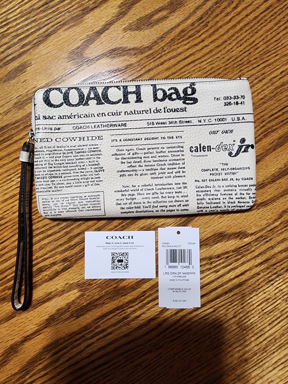 COACH Cream and Black Newspaper Print Zip Wristlet with Detachable Strap - Picture 2 of 4